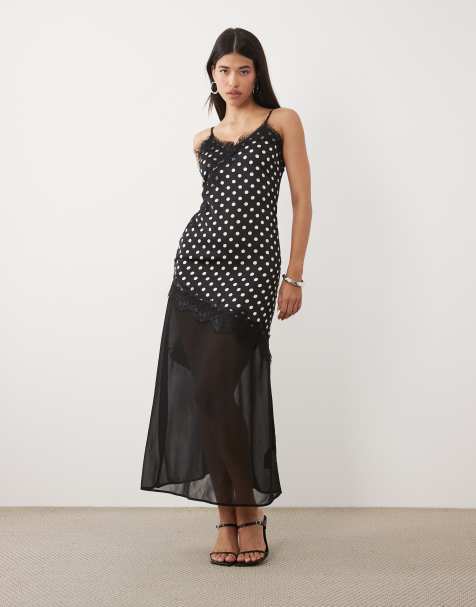 Kaiia exclusive satin lace trim asymmetric sheer chiffon hem maxi dress in black & white polka dot - view 1