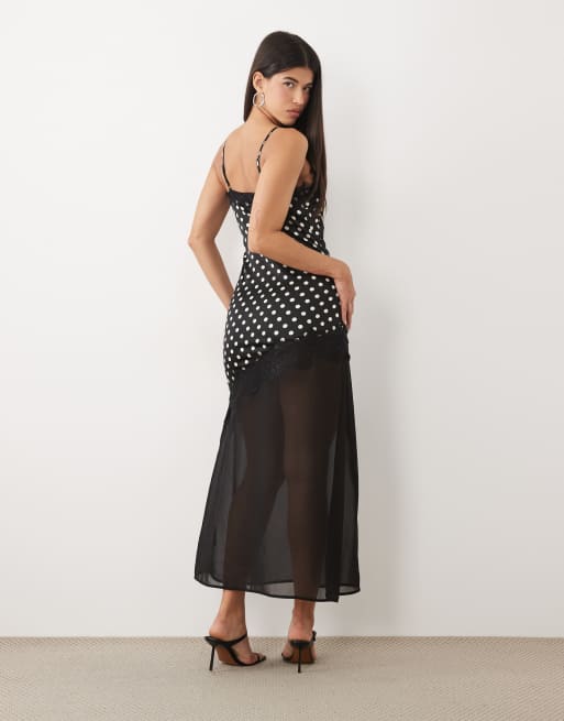 Kaiia exclusive satin lace trim asymmetric sheer chiffon hem maxi dress in black & white polka dot, 2 of 4