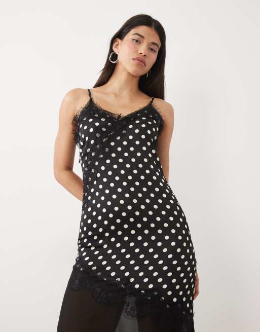 Kaiia exclusive satin lace trim asymmetric sheer chiffon hem maxi dress in black & white polka dot, 3 of 4