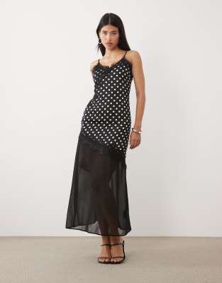 Kaiia Exclusive Satin Lace Trim Sheer Chiffon Hem Maxi Dress In Black