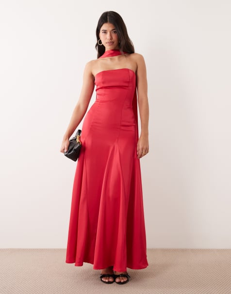 Kaiia exclusive satin scarf detail bandeau godet hem maxi dress in dragonfruit pink - view 1