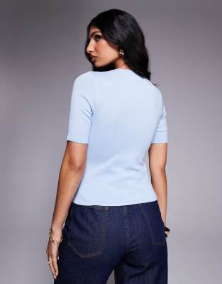 Kaiia Exclusive Scallop Button Front Short Sleeve Cardigan In Blue