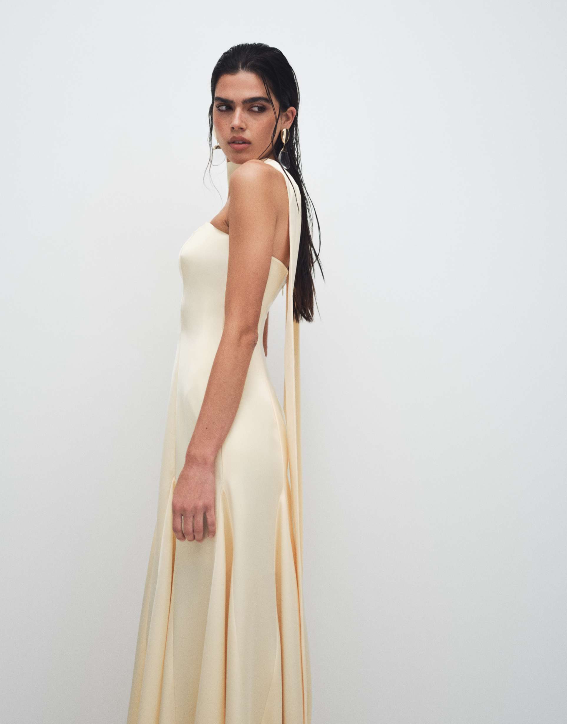 kaiia exclusive scarf detail godet hem strapless satin maxi dress in butter yellow