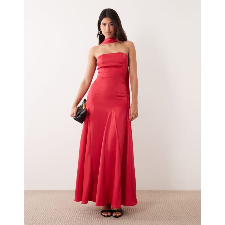 Kaiia exclusive scarf detail godet hem strapless satin maxi dress in  dragonfruit pink | ASOS