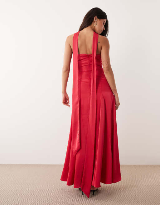 Kaiia exclusive scarf detail godet hem strapless satin maxi dress in  dragonfruit pink | ASOS
