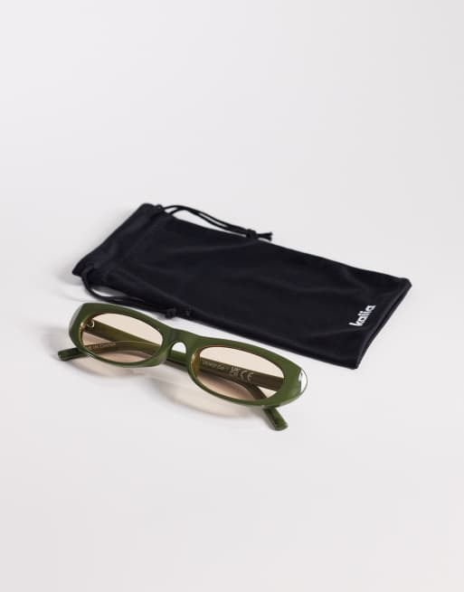 Kaiia – Exclusive – Schmale Sonnenbrille mit ovalem Gestell in Khaki und hellbraunen Gläsern, 3 von 3