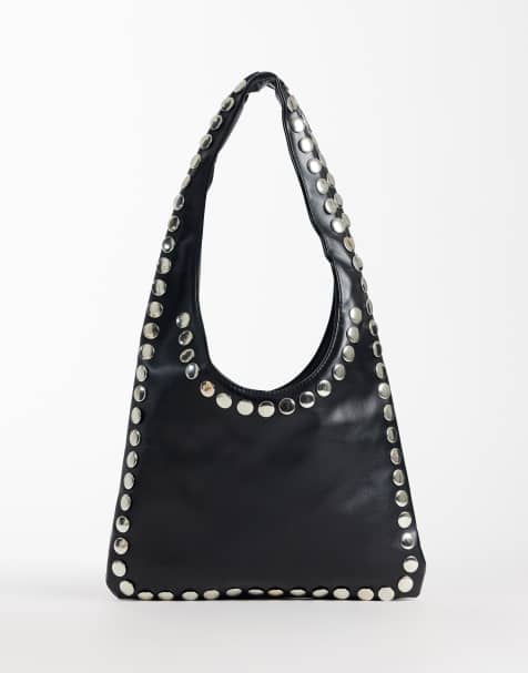 Kaiia – Exclusive – Schultertasche aus Kunstleder in Schwarz mit silberfarbenen Nieten - view 1