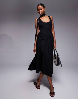 Kaiia Exclusive Scoop Neck Scarf Detail Dropped Basque Waist Maxi Dress In Black