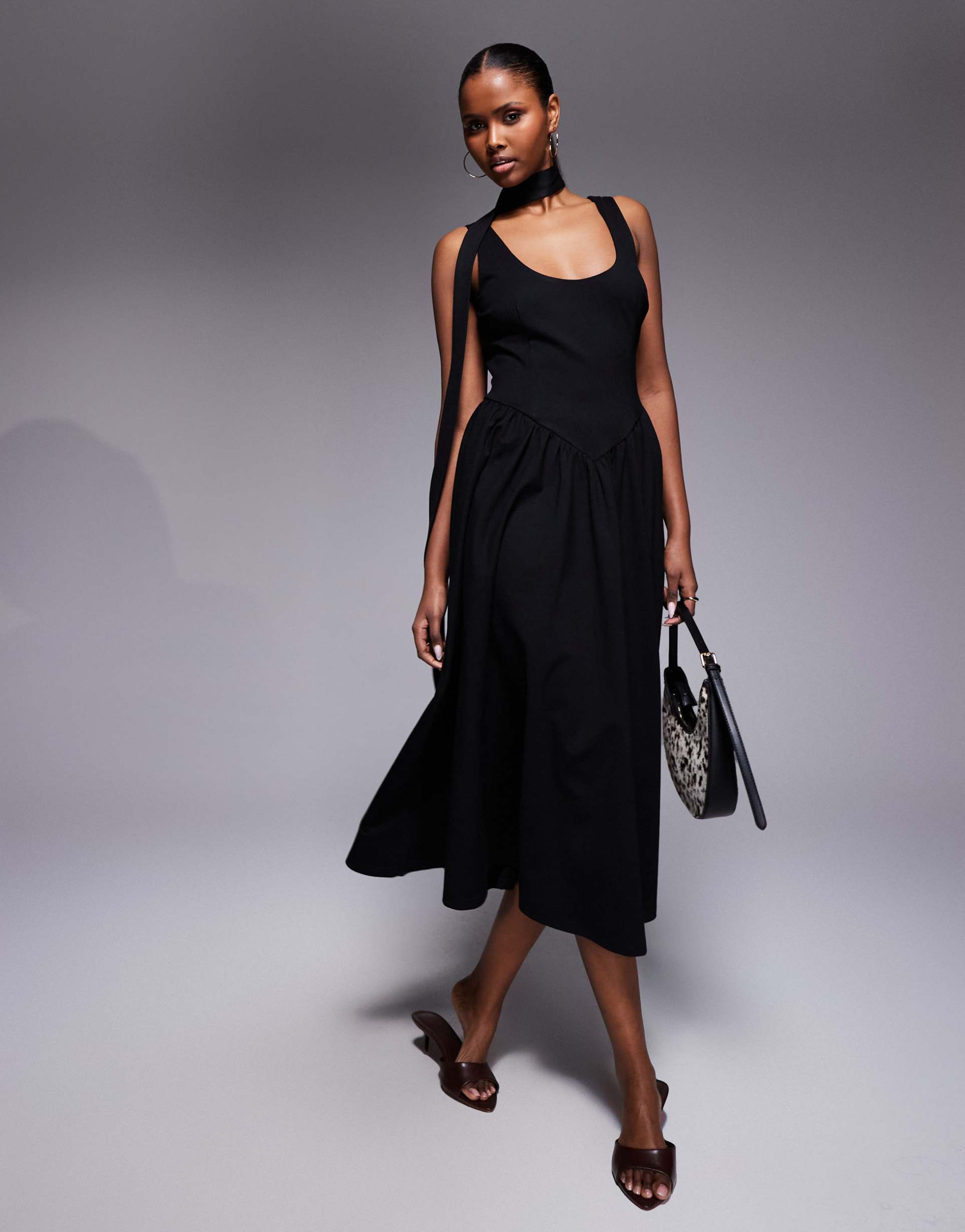 kaiia exclusive scoop neck scarf detail dropped basque waist maxi dress in black