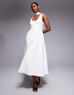 Kaiia exclusive scoop neck scarf detail dropped basque waist maxi dress in white