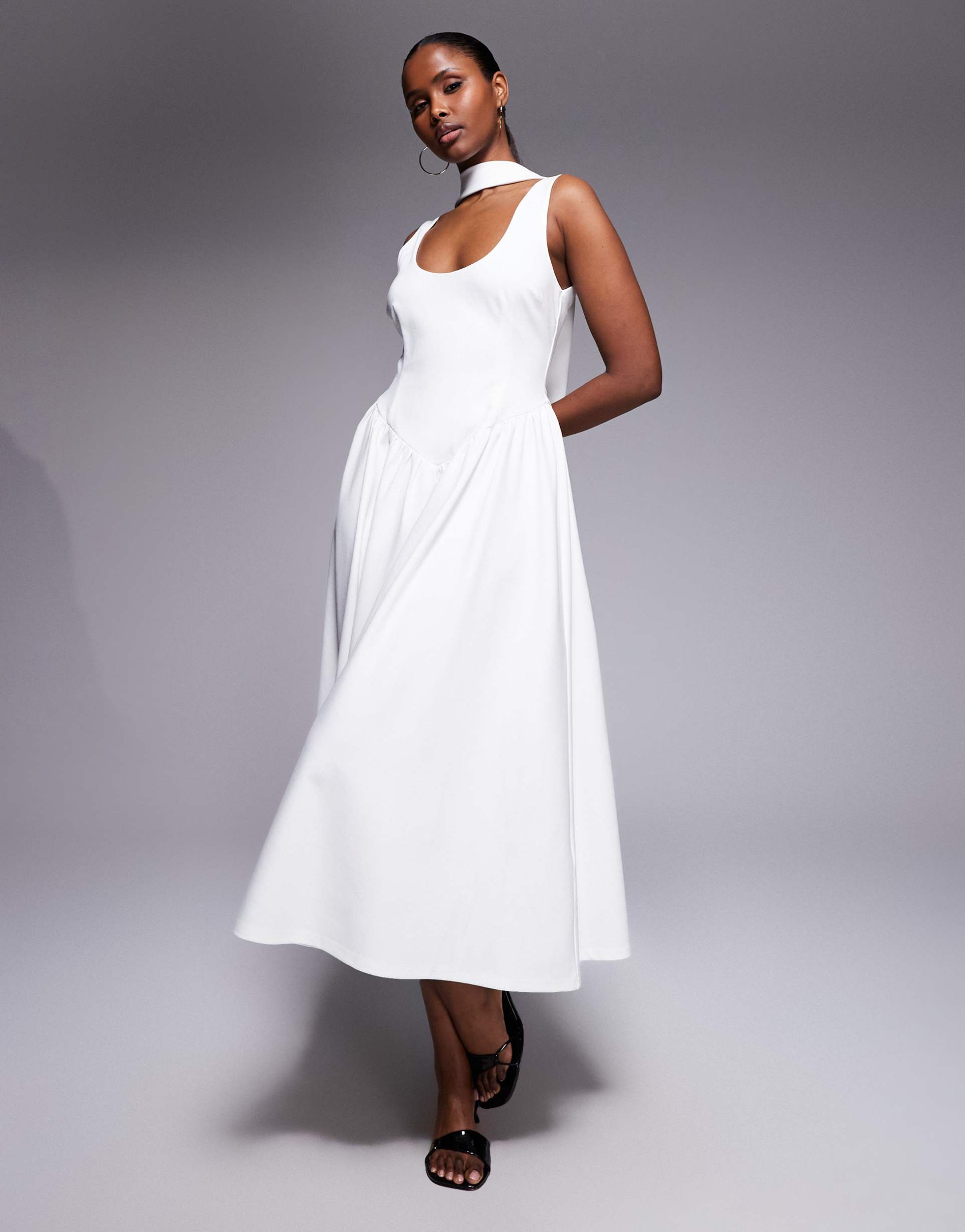 kaiia exclusive scoop neck scarf detail dropped basque waist maxi dress in white