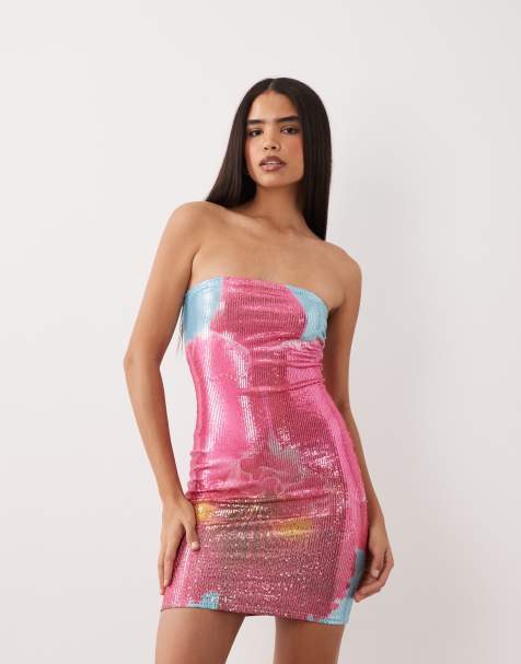 Kaiia exclusive sequin bandeau mini dress in aqua and pink floral - view 1