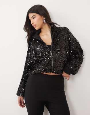 Kaiia Exclusive Sequin Funnel Neck Bomber Jacket In Black