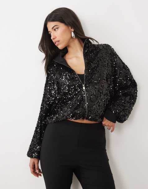 Kaiia exclusive sequin funnel neck bomber jacket in black - view 1