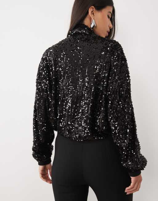 Kaiia exclusive sequin funnel neck bomber jacket in black, 4 of 4