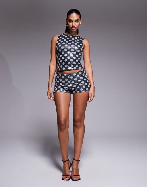 Kaiia exclusive sequin hot pants co-ord in mono polka dot, 3 of 5