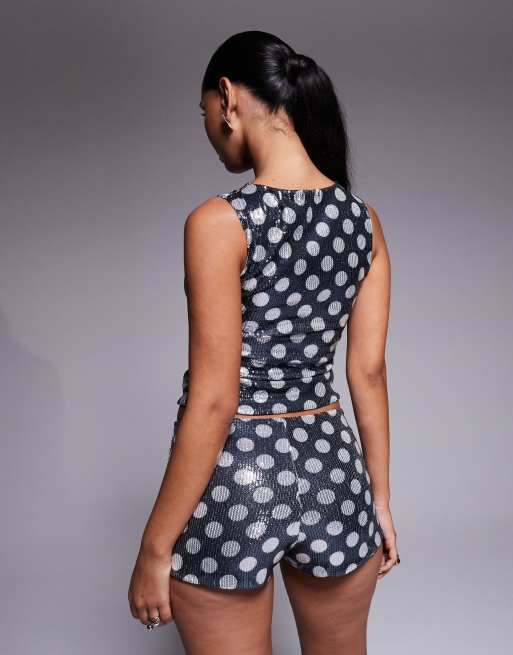 Kaiia exclusive sequin hot pants co-ord in mono polka dot, 4 of 5