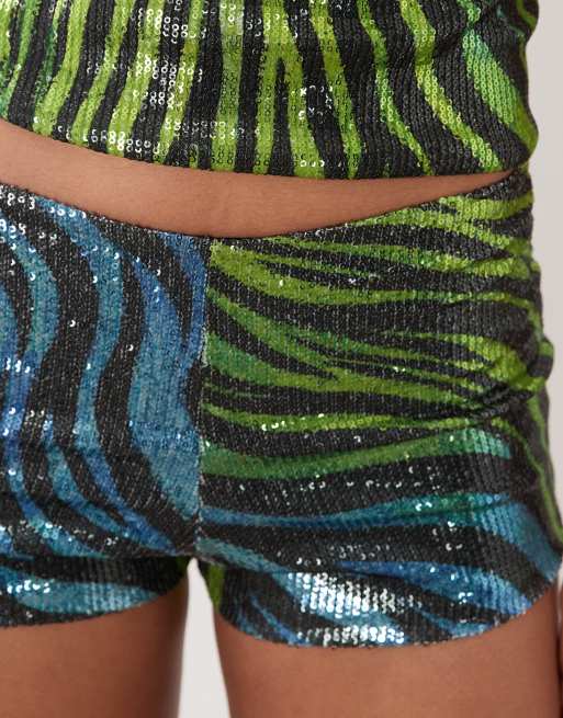 Kaiia exclusive sequin micro shorts co-ord in blue and green zebra, 5 of 5