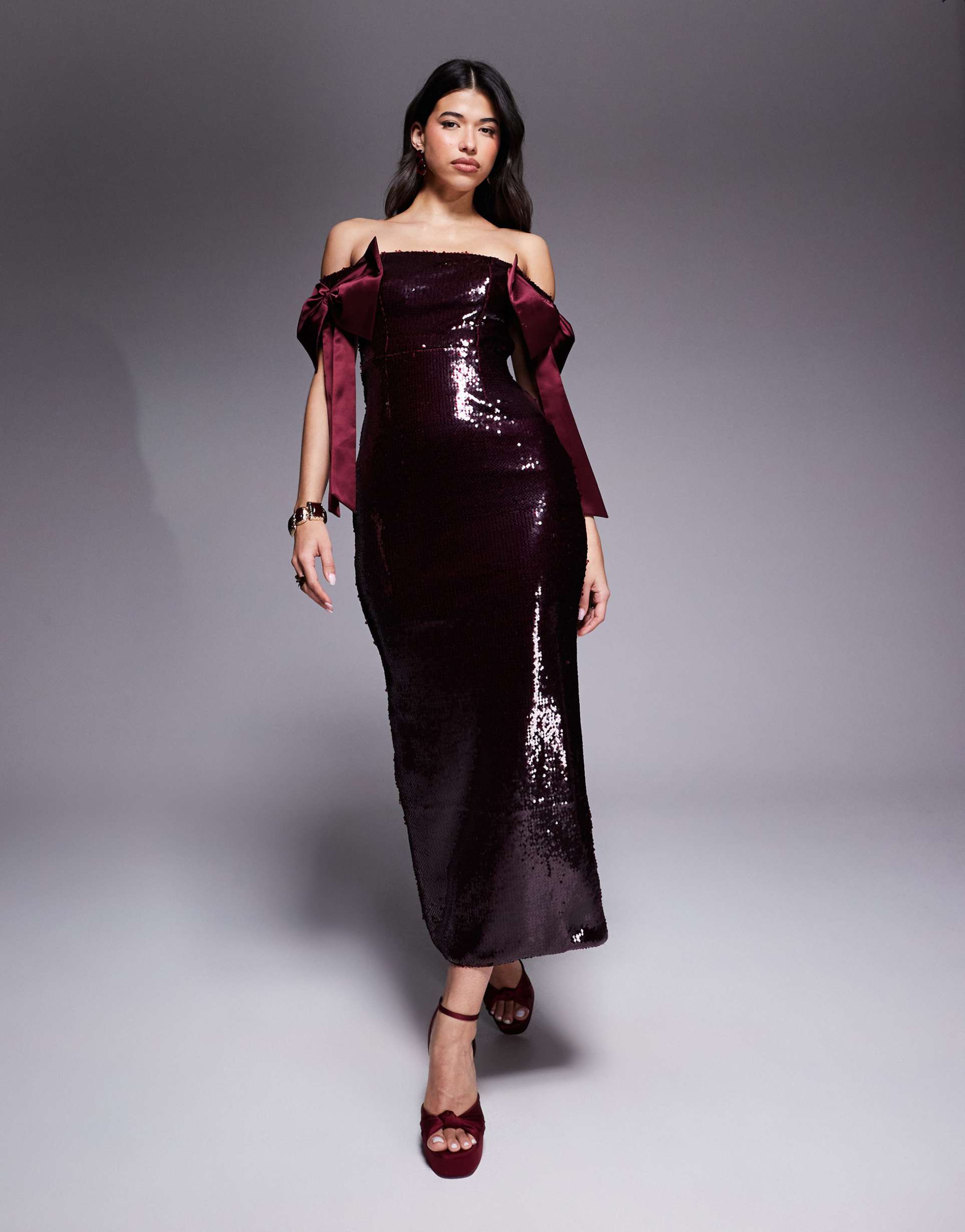 kaiia exclusive sequin off-shoulder oversized bow detail maxi dress in burgundy