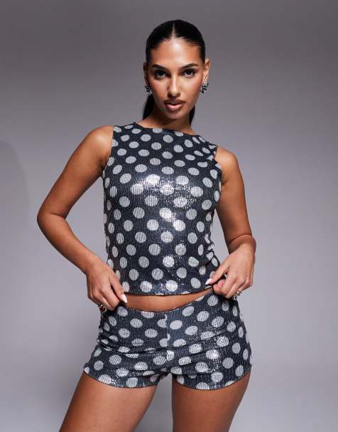 Kaiia exclusive sequin slash neck sleeveless top in mono polka dot (part of a set) - view 1