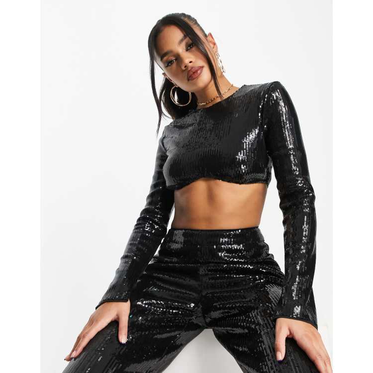 Kaiia exclusive sequin underbust detail crop top in black