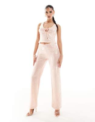 Kaiia Kaiia exclusive sequin wide leg trousers co-ord in pale pink