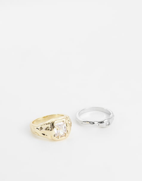 Kaiia - Exclusive - Set van 2 ringen met gesmolten look met siersteentjes in zilver en goud - view 1