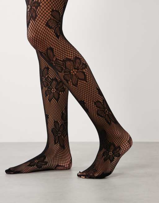 Kaiia exclusive sheer floral lace tights in black, 2 of 3