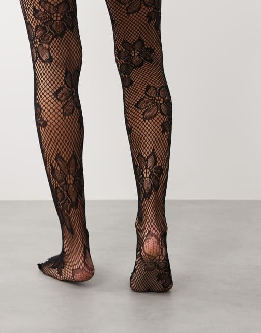 Kaiia exclusive sheer floral lace tights in black, 3 of 3