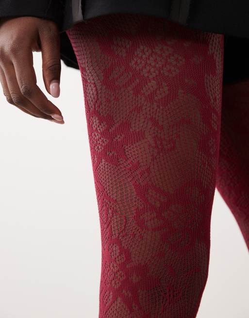 Kaiia exclusive sheer lace tights in burgundy, 2 of 3