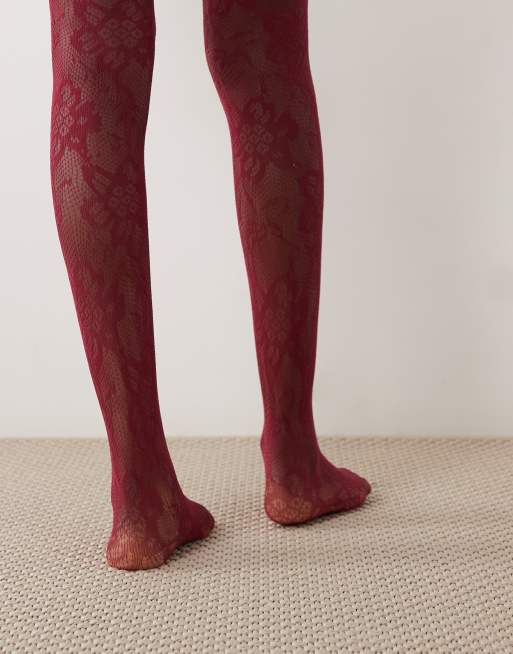 Kaiia exclusive sheer lace tights in burgundy, 3 of 3