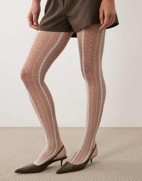 Kaiia exclusive sheer lace tights in cream - view 1