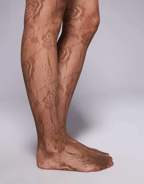 Kaiia exclusive sheer lace tights in light brown - view 1