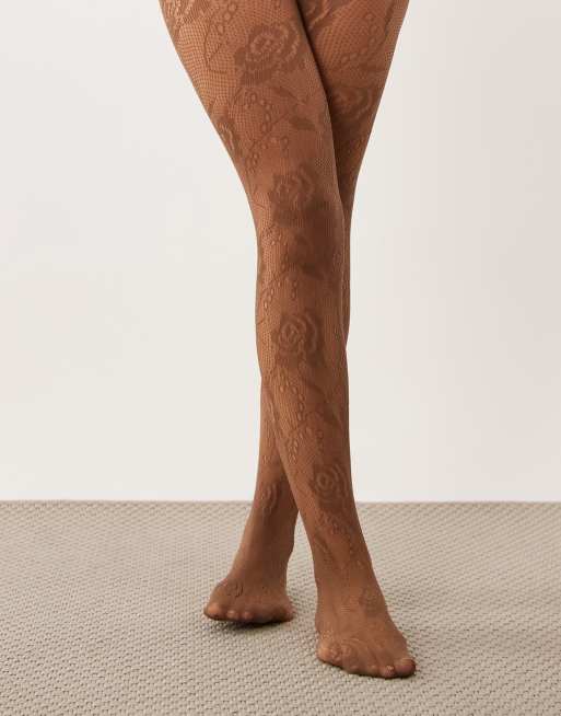 Kaiia exclusive sheer lace tights in light brown, 2 of 3