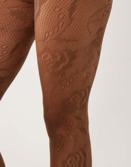 Kaiia exclusive sheer lace tights in light brown, 3 of 3
