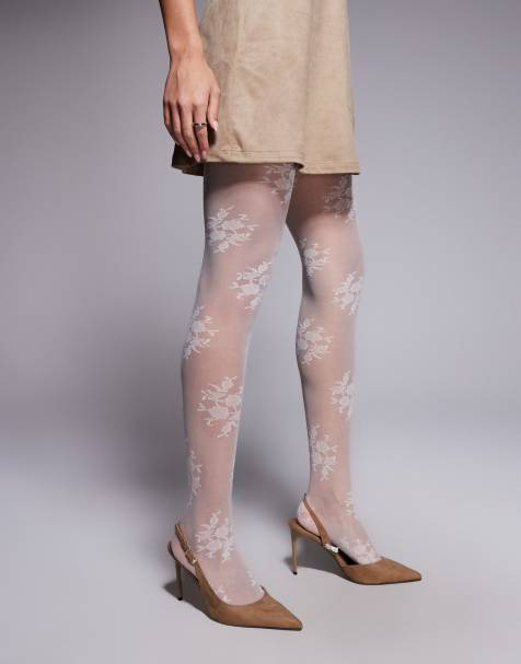 Kaiia exclusive sheer lace tights in white - view 1