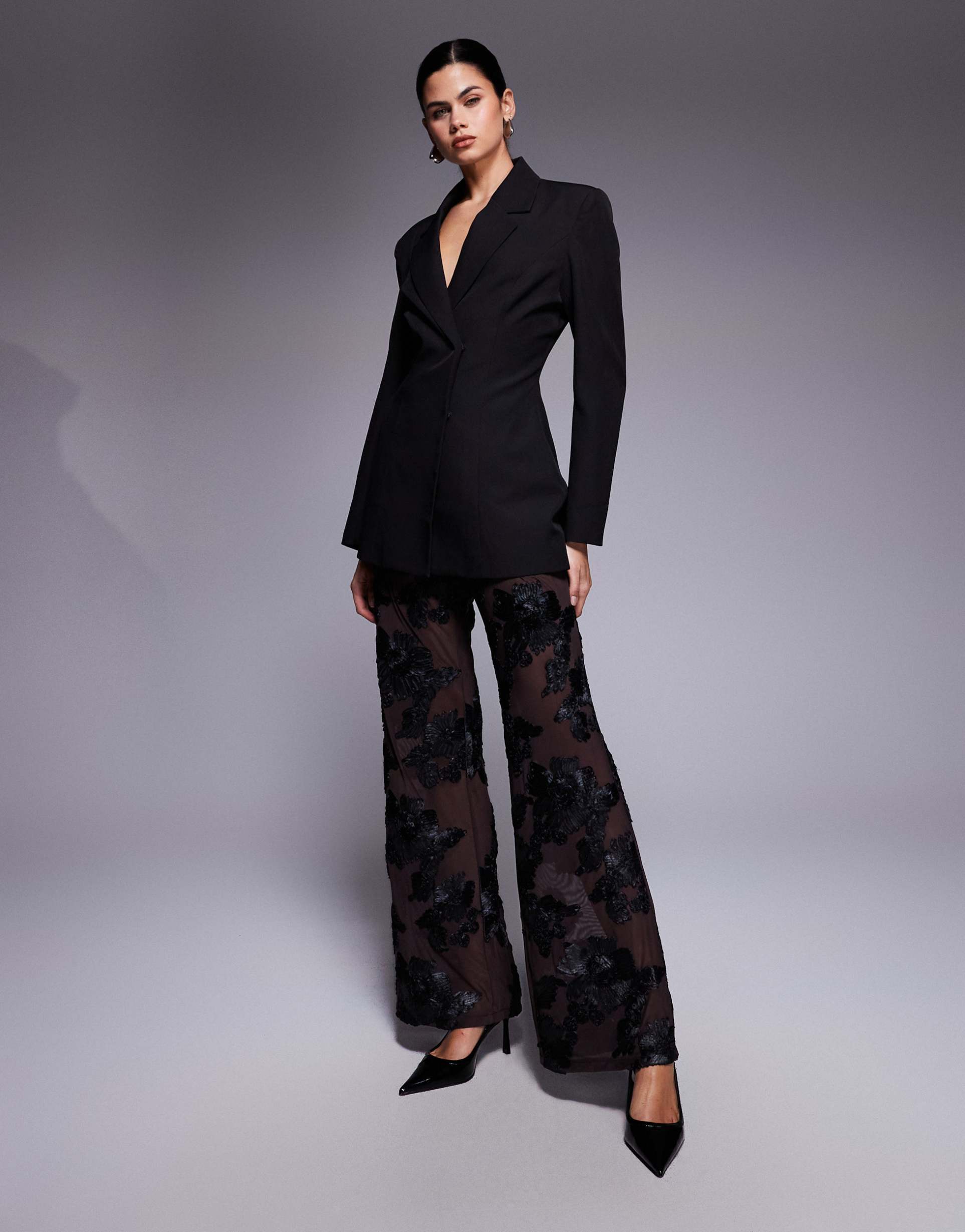 kaiia exclusive sheer wide leg pants in chocolate textured floral applique - part of a set