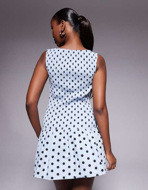 Kaiia exclusive shirred bodice drop waist pleated hem mini dress in blue polka dot, 4 of 4