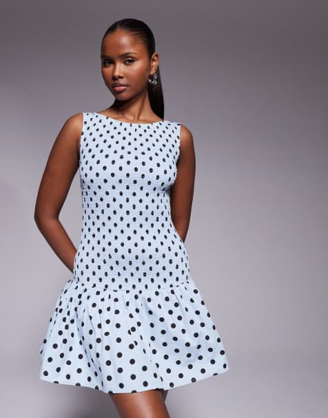 Kaiia exclusive shirred bodice dropped waist pleated hem mini dress in blue polka dots - view 1