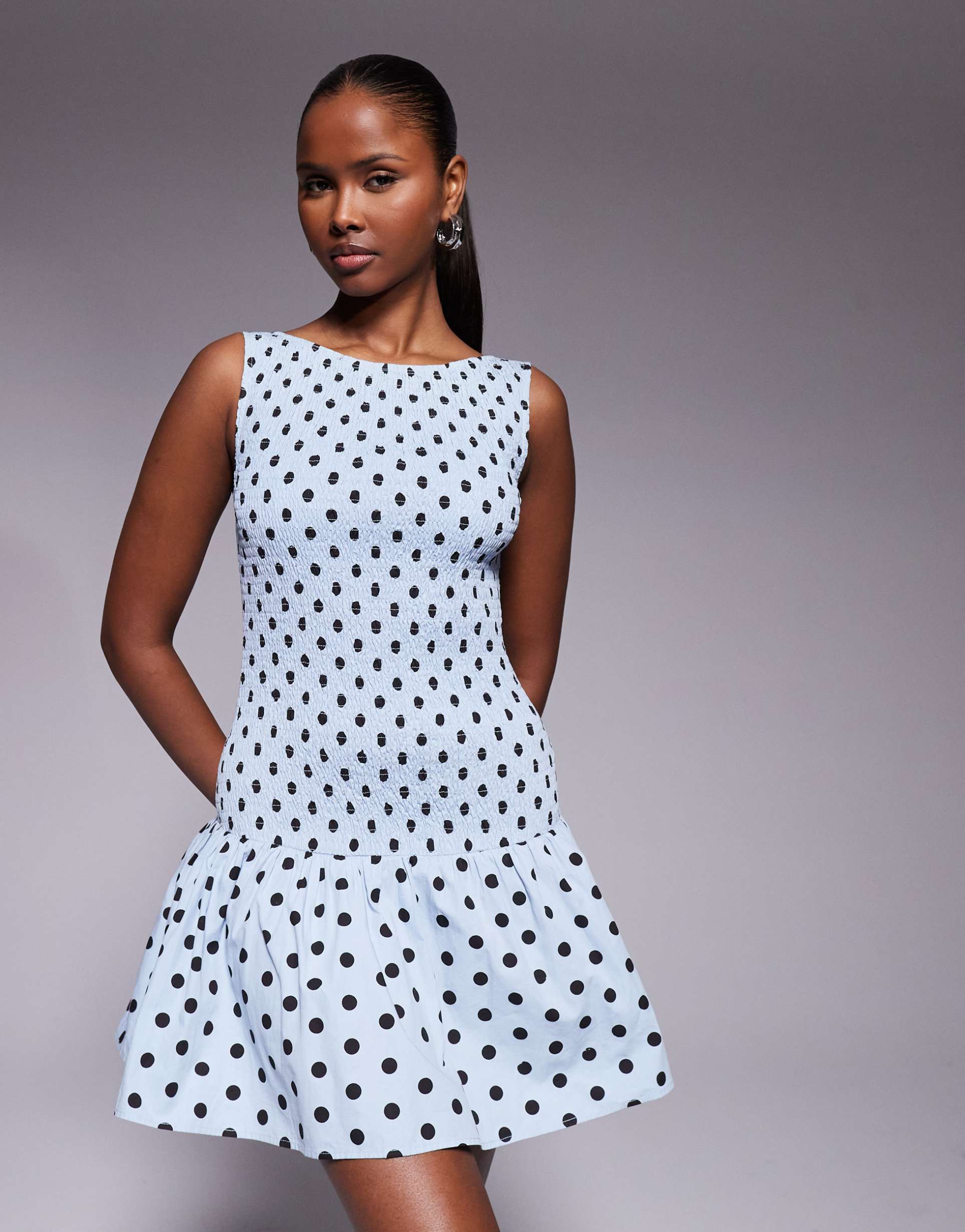 kaiia exclusive shirred bodice dropped waist pleated hem mini dress in blue polka dots