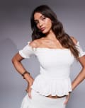 [Kaiia] Kaiia exclusive shirred textured peplum bardot top in cream (part of a set)-White 14 CREAM