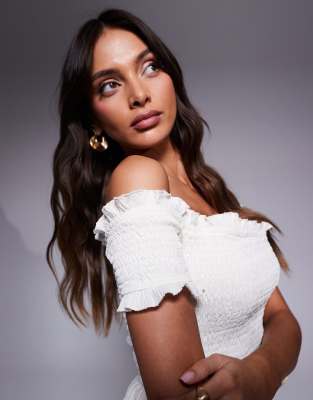 KAIIA EXCLUSIVE SHIRRED TEXTURED PEPLUM BARDOT TOP 