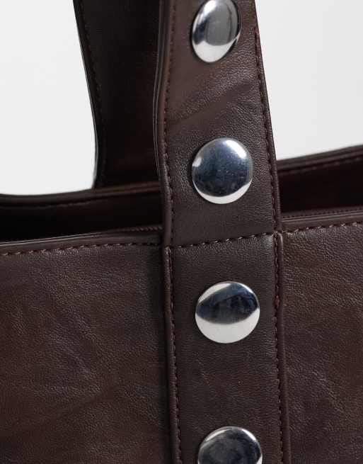 Kaiia exclusive silver hardware studded faux leather tote bag in brown, 3 of 4