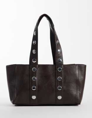 Kaiia Exclusive Silver Hardware Studded Tote Bag In Brown