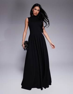 exclusive sleeveless high neck gathered skirt maxi dress in black