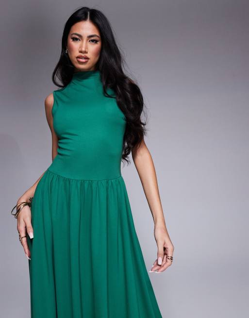 high neck emerald green dress Green Halter Neck Flower Detail Ruffled Midi Dress
