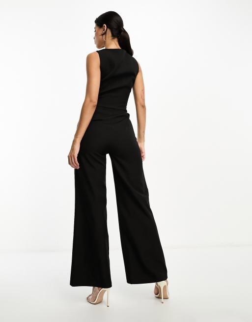 Kaiia exclusive sleeveless wide leg waistcoat jumpsuit in black  , 2 of 4