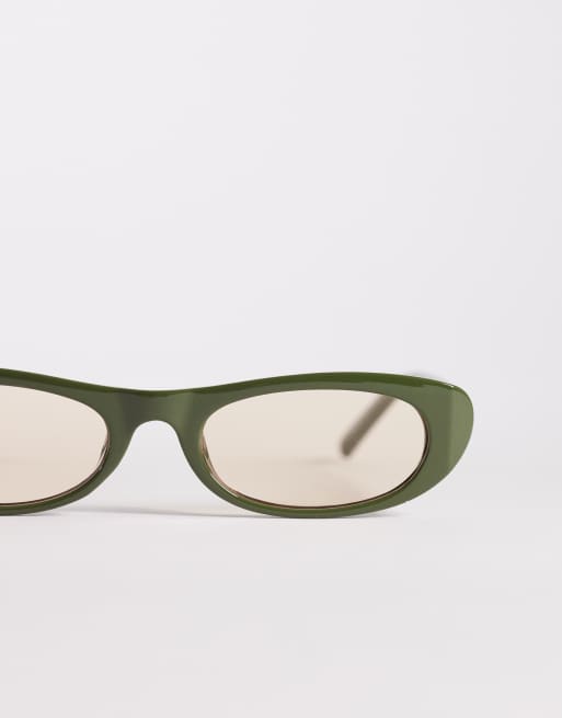Kaiia exclusive slim oval frame tan lens sunglasses in khaki, 2 of 3