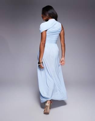 kaiia exclusive slinky asymmetric drape maxi dress in dusty blue