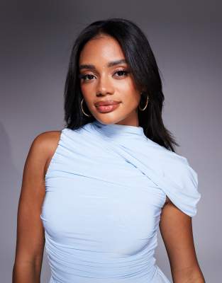 kaiia exclusive slinky asymmetric drape maxi dress in dusty blue
